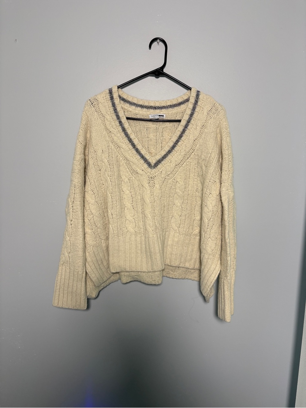 Fashion Nova Cream Cable Knit V-Neck Sweater with Gray Trim